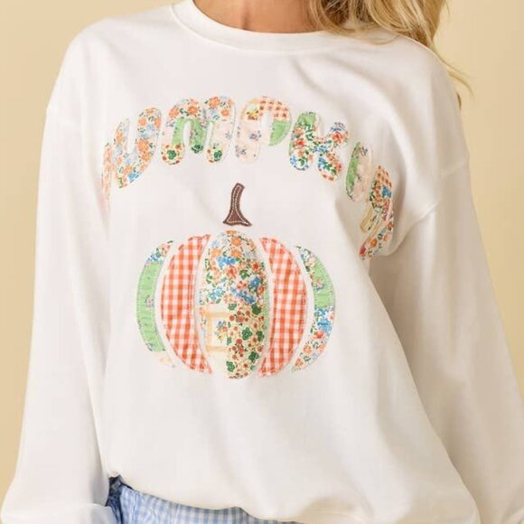 Women's Pumpkin Patchwork Sweatshirt Top Mainstrip Size Medium - Picture 1 of 5